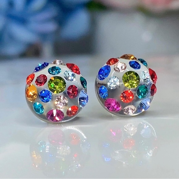 Multi Coloured Stud Earrings Embellished With Genuine “Crystal Stone Elements” - Picture 1 of 10